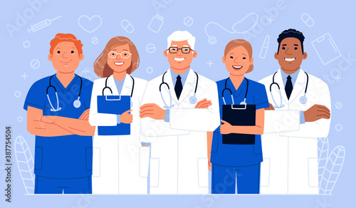 Team of happy doctors and nurses. Health care workers. Vector illustration