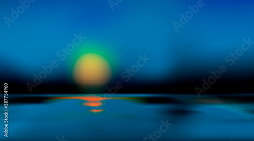 Abstract blurred dark background with beginning of sunrise or sundown. Blue tone backdrop. Water surface in nature and bokeh art. Vector illustration.