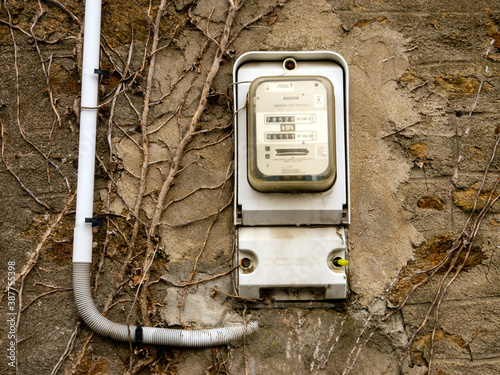 Old electric meter for two day / night tariffs on the wall of an old building. Visible power cable to the electricity meter. The wall is covered with dry vegetation and branches. photo