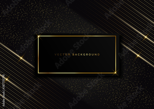 Abstract frame stripes golden lines diagonal overlap on dot gold glitter black background. Luxury style.