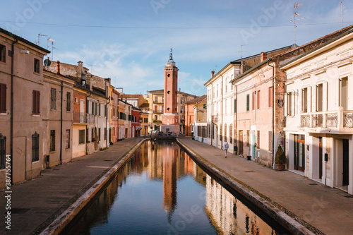 Comacchio, Ferrara / Italy - August 2020: Civic tower of Comacchio
