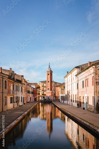 Comacchio, Ferrara / Italy - August 2020: Civic tower of Comacchio