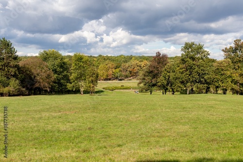 Autumn in the park, bunchy clouds over a sunny meadow