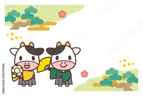 2021年賀状テンプレート-かわいい牛さん伝統芸能Ver.-文字なし © natsumi