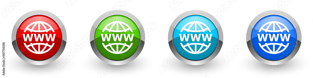 Web, www and internet silver metallic glossy icons, set of modern design buttons for web, internet and mobile applications in four colors options isolated on white background Web, www and internet silver metallic glossy icons, set of modern design buttons for web, internet and mobile applications in four colors options isolated on white background