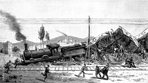 Photography Barcelona, derailment of a passenger train on the Granollers line, with several deads and injuries, due to the carelessness of the needle guard, May 24th 1882