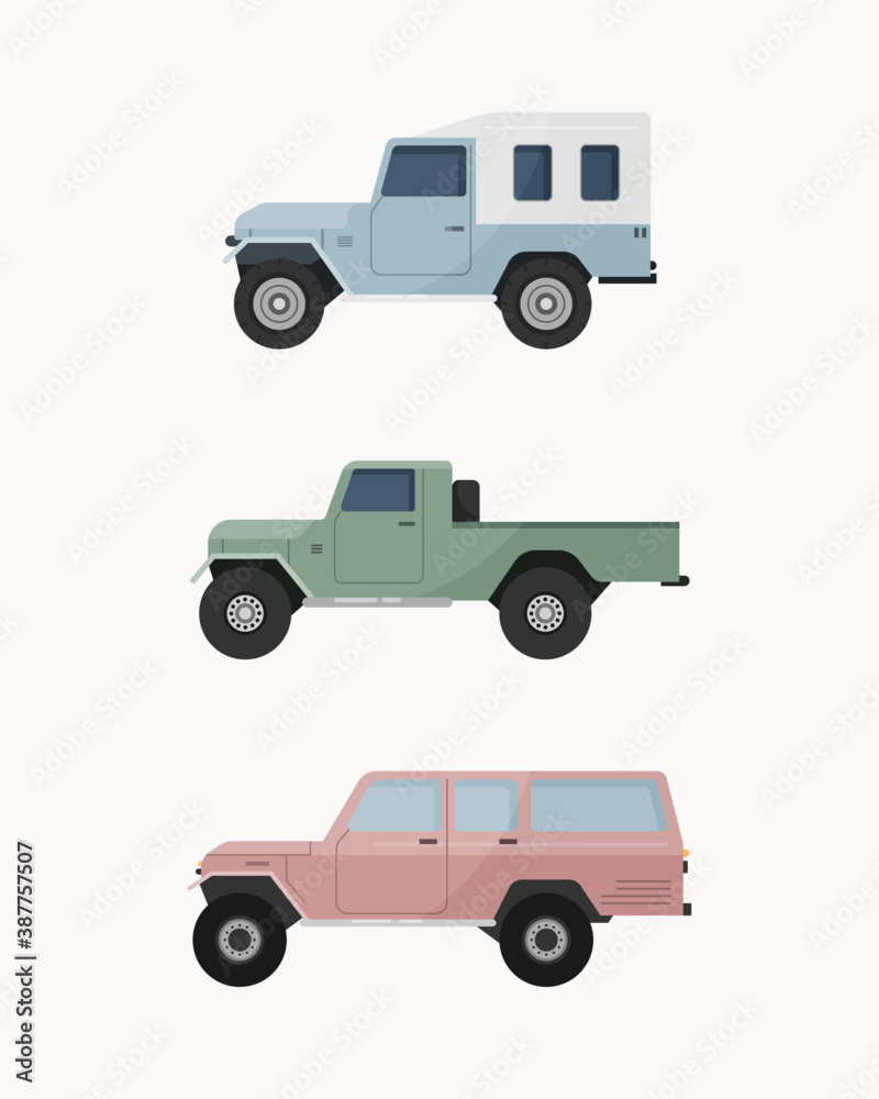 Set of off-road suv car. Off road vehicles vector illustration. 