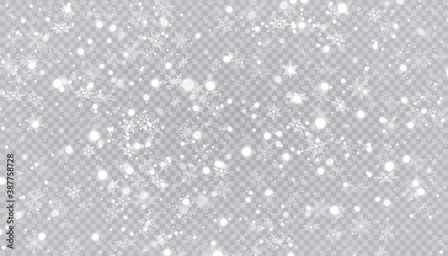 White snow flies on a transparent background. Christmas snowflakes. Winter blizzard background illustration.