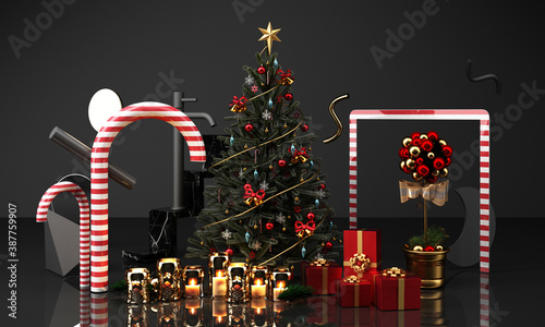 christmas greeting card template with Christmas tree and candy giftbox candle surounding by geometric shape gold and black texture 3d rendering