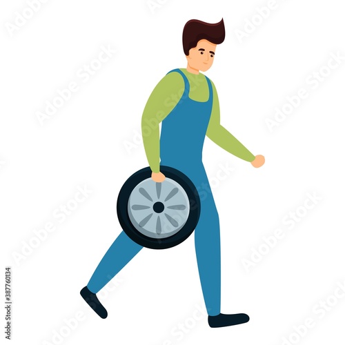 Auto mechanic carries wheel icon. Cartoon of auto mechanic carries wheel vector icon for web design isolated on white background