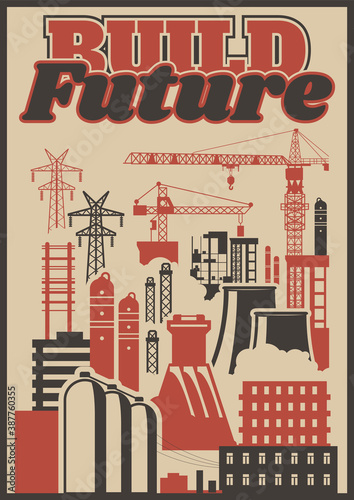 Industrial Background Old Industrial Posters Style Illustration, Factory, Plant, Construction Crane, Power Lines 