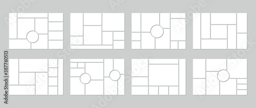 Photo collage grid. Vector. Mood board template. Set of blank moodboard. Mosaic frame banner. Pictures on gray background. Photography album layout. Horizontal design of mockup. Simple illustration.