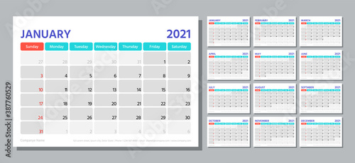 Planner 2021 year. Calendar template. Week starts Sunday. Vector. Table schedule grid. Yearly stationery organizer. Calender layout with 12 month. Horizontal monthly diary. Simple illustration.