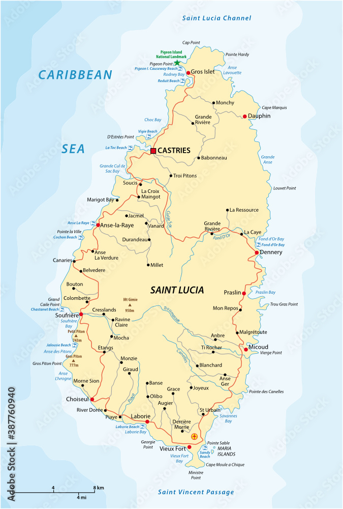 Road vector map of the West Indian island state of Saint Lucia