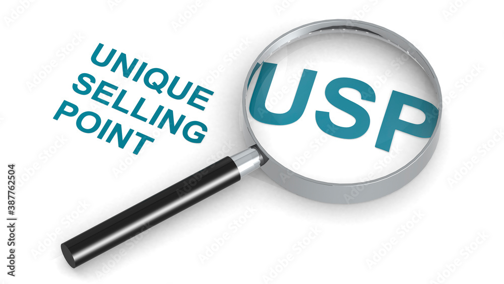 USP, Unique Selling Point, word under magnifying glass USP, Unique Selling Point, word under magnifying glass