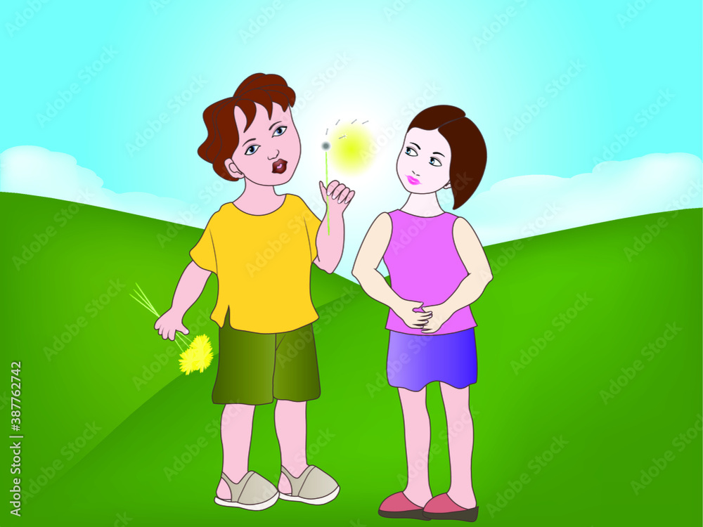 Girl and boy with dandelions. Girl and boy with dandelions.