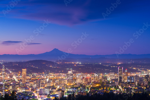 Portland, Oregon, USA skyline at dusk with Mt. Hood