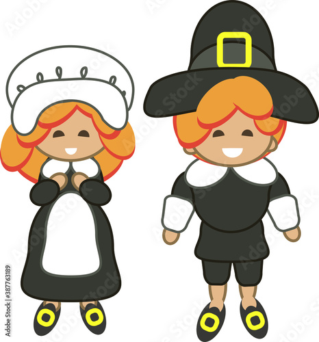 Pilgrims male and female cartoon colored persons in historical costumes on white background for Thanksgiving day card, banner, invitation.