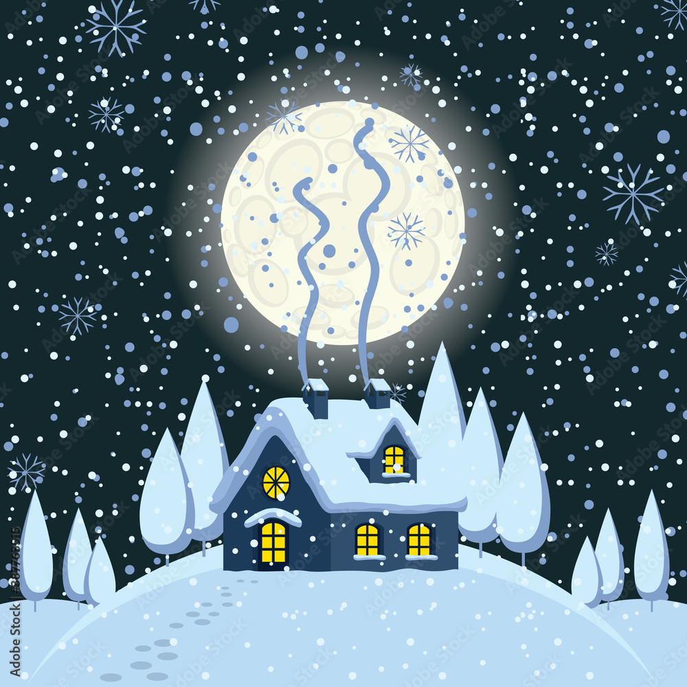 Night winter landscape or banner with village house on the snow-covered hill and footprints in the snow. Vector winter illustration in cartoon style. Cute cozy gingerbread house Night winter landscape or banner with village house on the snow-covered hill and footprints in the snow. Vector winter illustration in cartoon style. Cute cozy gingerbread house