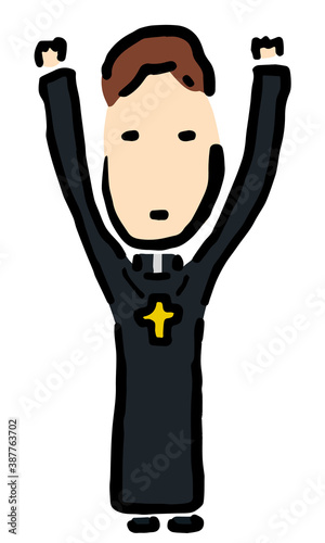 Catholic Priest raising hands : Hand drawn vector illustration like woodblock print