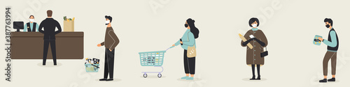 Grocery store during epidemic of virus.Cashier in protective medical mask is behind cash register serves customers who are waiting in line at a safe distance.Teller's workplace in supermarket.Vector