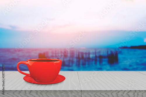 Coffee red cup on the white wood table with sea Beach view vintage style dusk blue with copy space nobody.