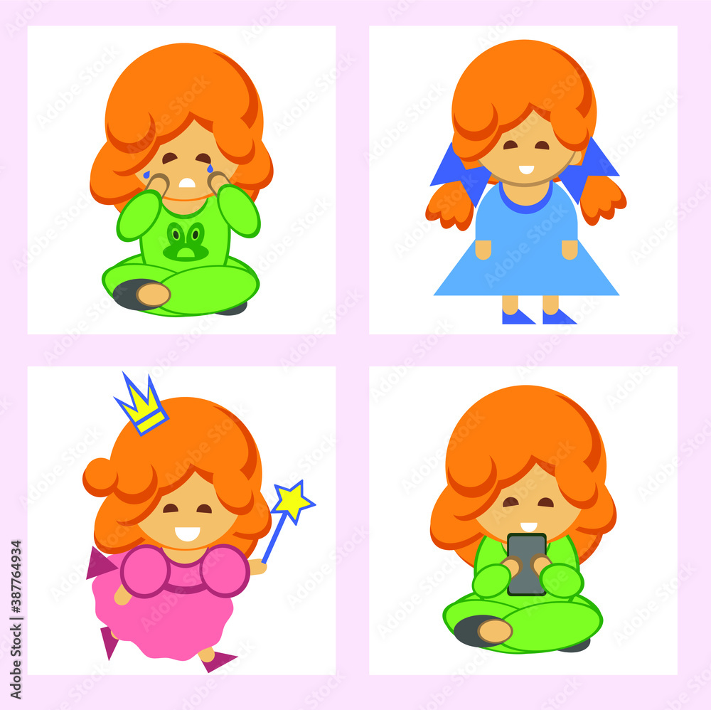 Little girls set collection. Four characters in cartoon style are crying, playing on smartphone, playing pixie princesses, standing. isolated on white background Little girls set collection. Four characters in cartoon style are crying, playing on smartphone, playing pixie princesses, standing. isolated on white background