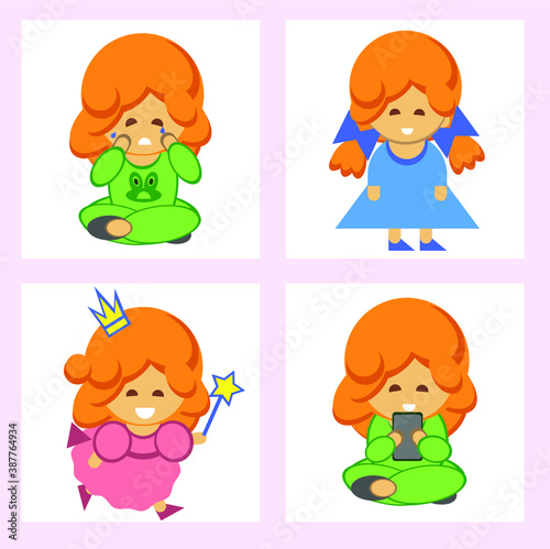 Little girls set collection. Four characters in cartoon style are crying, playing on smartphone, playing pixie princesses, standing. isolated on white background