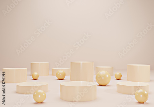 Geometric circle and cylinder shape cream background scene minimal 3d rendering for product show in a studio