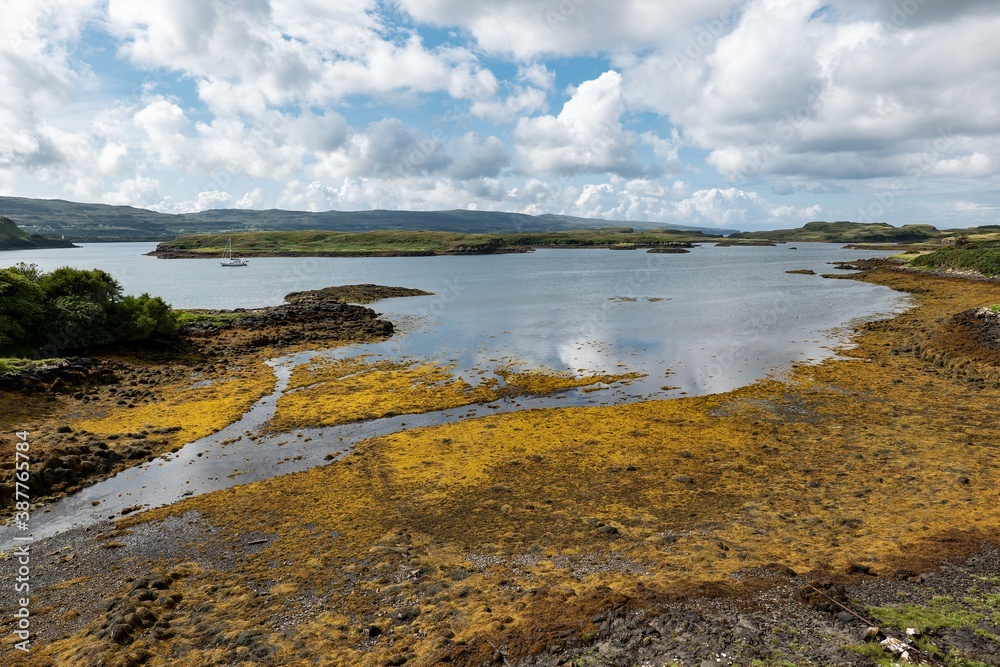 Waters of Loch Dunvegan in Isle of Skye, Scotland during the low tide