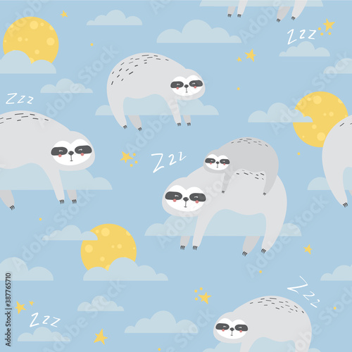 Sloths  stars  moon and clouds hand drawn backdrop. Colorful seamless pattern with animals. Decorative cute wallpaper  good for printing. Overlapping background vector. Design illustration