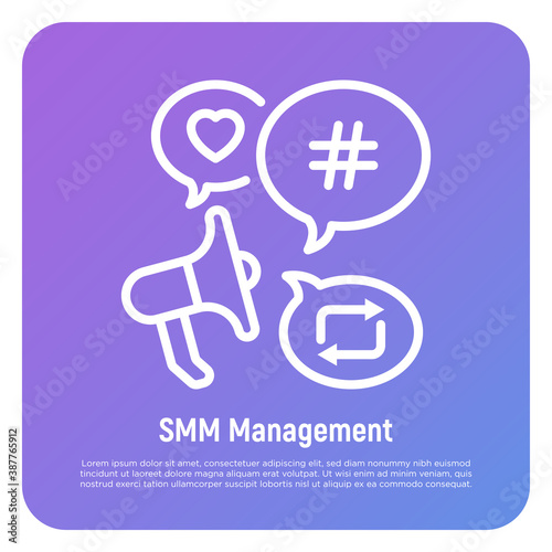 SMM management thin line icon: magaphone with speech bubbles that contains hashtag, repost, heart. Digital strategy. Vector illustration.