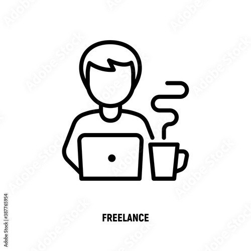 Remotely work, freelance. Work from home thin line icon. Man with laptop and cup of coffee. Vector illustration. © AlexBlogoodf