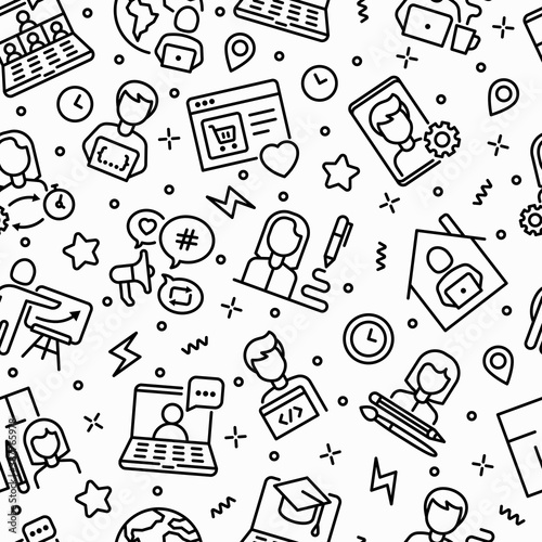 Work from home seamless pattern with thin line icons: online conference, freelancer, online education, programmer, developer, copywriter, web designer, product manager. Vector illustration.