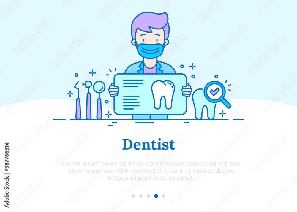 Dentist in surgical mask shows dental treatments. Thin line icons: dental instruments, caries under magnifier. Preventive dentistry. Vector illustration, template witn copy space. Dentist in surgical mask shows dental treatments. Thin line icons: dental instruments, caries under magnifier. Preventive dentistry. Vector illustration, template witn copy space.