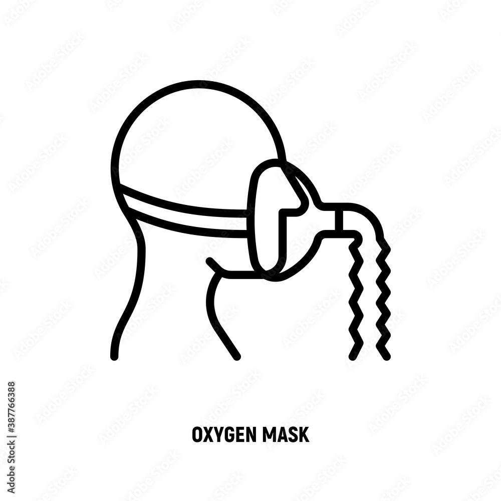 Oxygen mask thin line icon. Lack of oxygen, difficulty breathing. Medical treatment for covid-19. Vector illustration. Oxygen mask thin line icon. Lack of oxygen, difficulty breathing. Medical treatment for covid-19. Vector illustration.