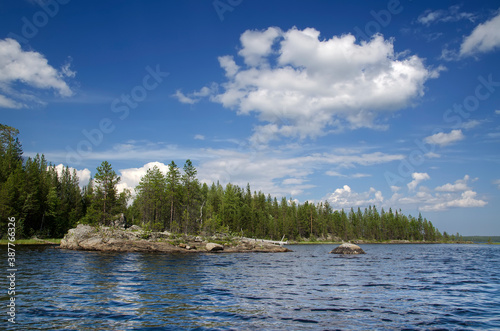 View from water on the Upper Pulongskoye Lake in Karelia (Russia)