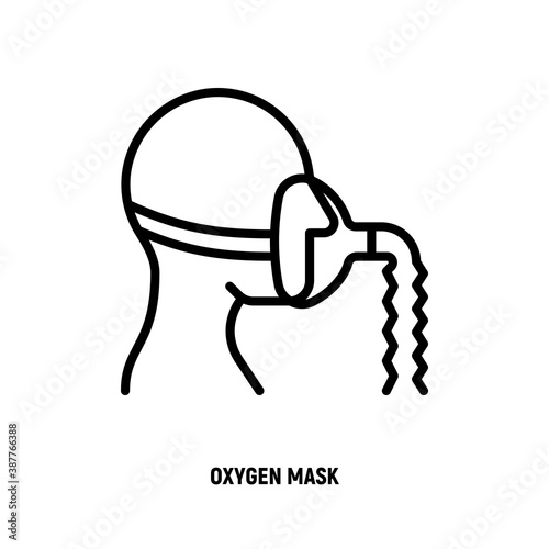 Oxygen mask thin line icon. Lack of oxygen, difficulty breathing. Medical treatment for covid-19. Vector illustration.