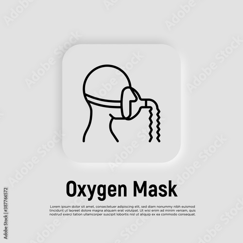 Oxygen mask thin line icon. Lack of oxygen, difficulty breathing. Medical treatment for covid-19. Vector illustration.