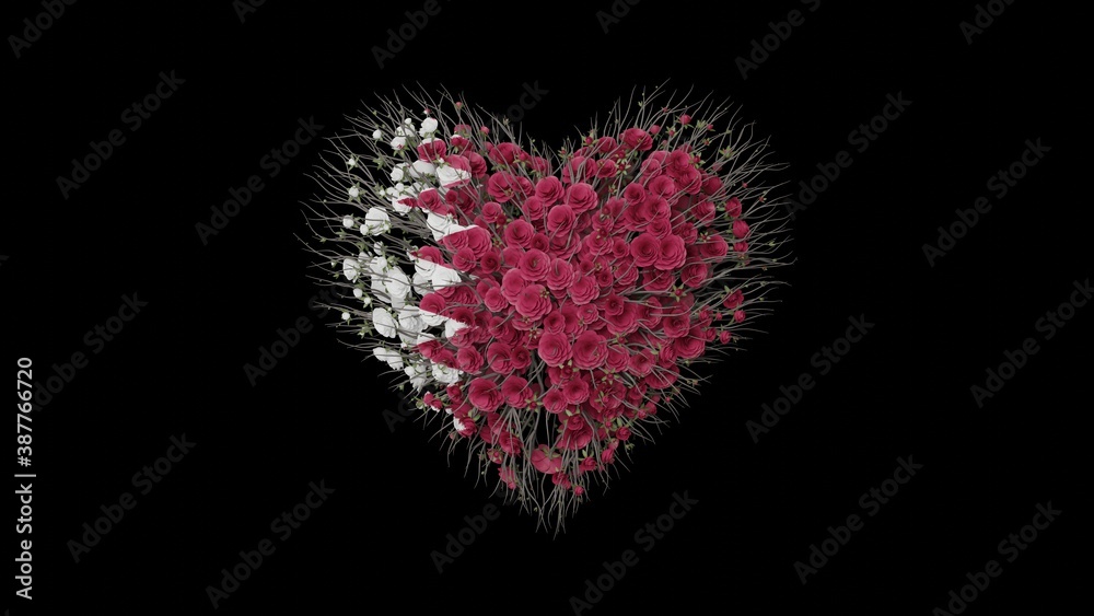 Qatar National Day. December 18. Heart shape made out of flowers on black background. 3D rendering.