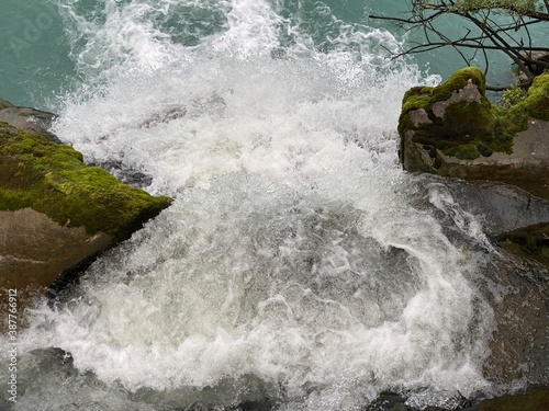 Giessbach Falls in the eponymous nature park and over Lake Brienz / Giessbachfälle (Giessbachfaelle) im gleichnamigen Naturpark und über dem Brienzersee - Canton of Bern, Switzerland (Schweiz) photo