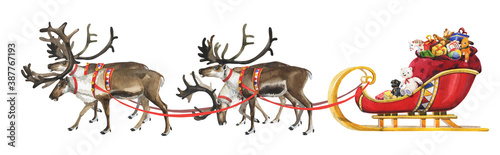 Watercolor three reindeer sledding Santa Claus and gifts