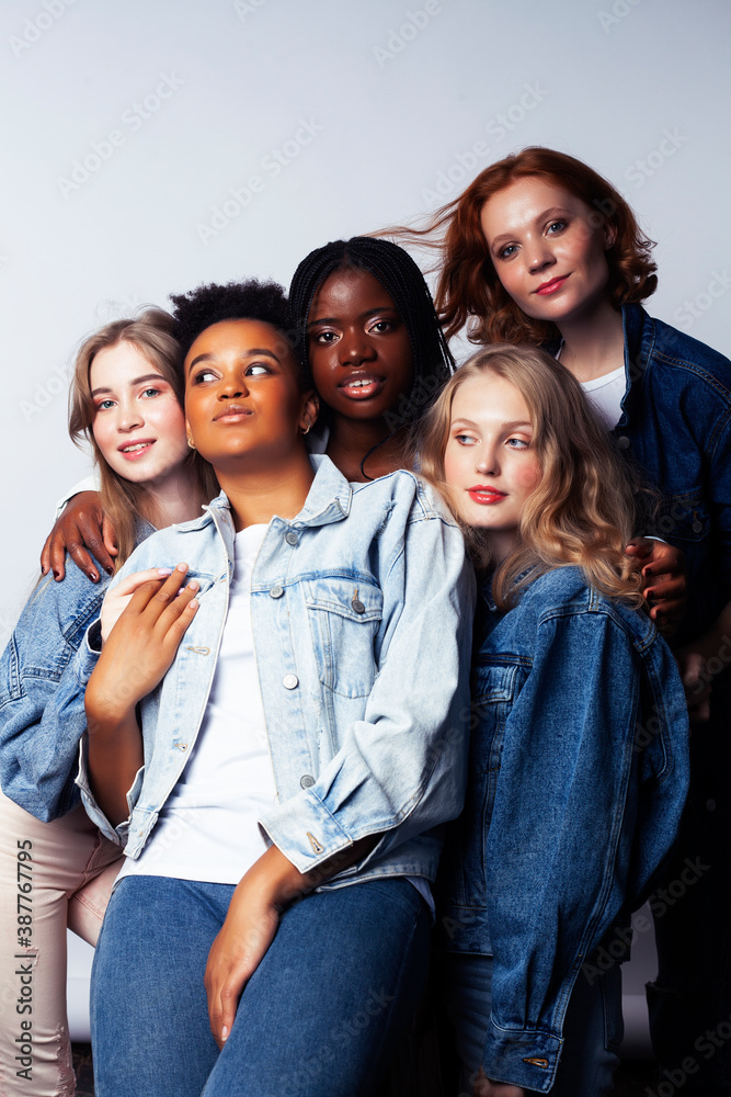 diverse multi nation girls group, teenage friends company cheerful having fun, happy smiling, cute posing isolated on white background, lifestyle people concept, african-american and caucasian diverse multi nation girls group, teenage friends company cheerful having fun, happy smiling, cute posing isolated on white background, lifestyle people concept, african-american and caucasian