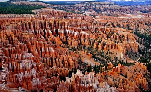 Bryce canyon national park landscape, Utah, USA. Spectacular geological red rock formation. Incredible natural cliff amphitheater carved in edge high plateau. Breathtaking view Bryce point
