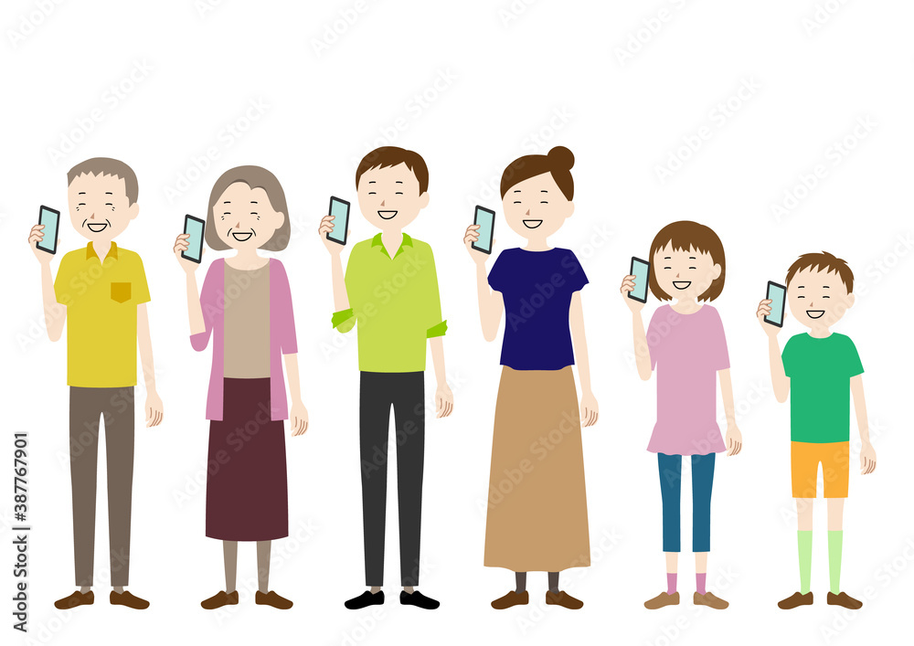 Illustration set of a person smiling while talking on a smartphone (three generation family) Illustration set of a person smiling while talking on a smartphone (three generation family)