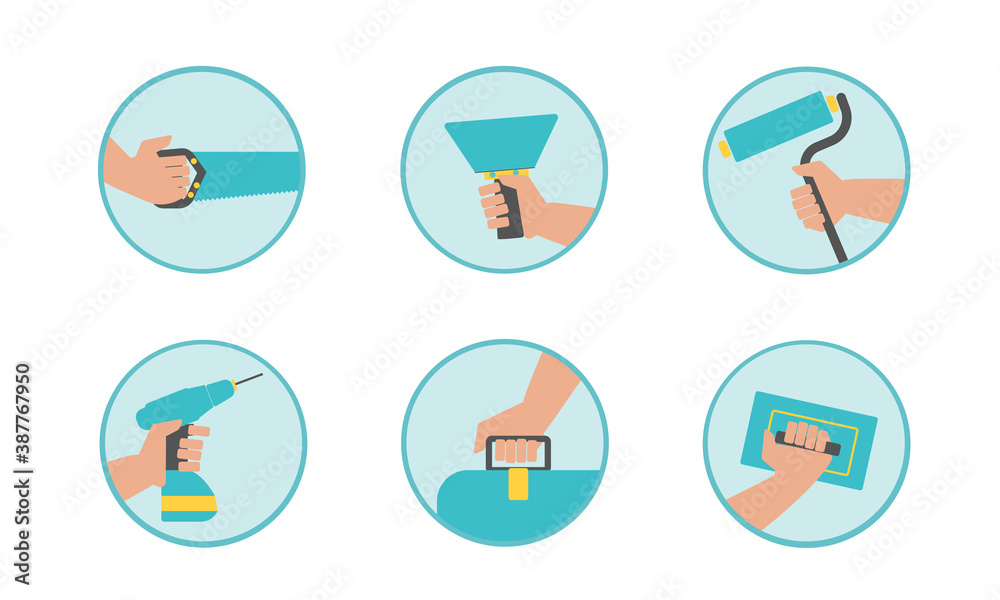 A set of modern construction, repair and finishing tools in the hands of a master Builder. Vector icons of a Builder, specialist, handyman, or home craftsman. Isolated on a white background. A set of modern construction, repair and finishing tools in the hands of a master Builder. Vector icons of a Builder, specialist, handyman, or home craftsman. Isolated on a white background.