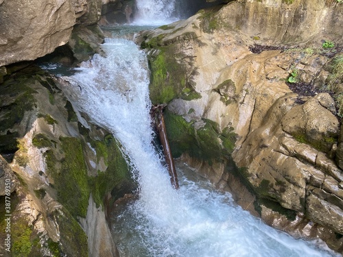 Giessbach Falls in the eponymous nature park and over Lake Brienz / Giessbachfälle (Giessbachfaelle) im gleichnamigen Naturpark und über dem Brienzersee - Canton of Bern, Switzerland (Schweiz) photo