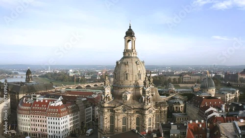 Drone footage of Dresden inner city with Frauenkirche, Germany