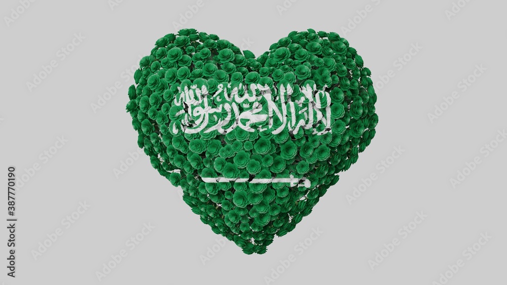 Saudi Arabia National Day. September 23. Heart shape made out of flowers on white background. 3D rendering. Saudi Arabia National Day. September 23. Heart shape made out of flowers on white background. 3D rendering.