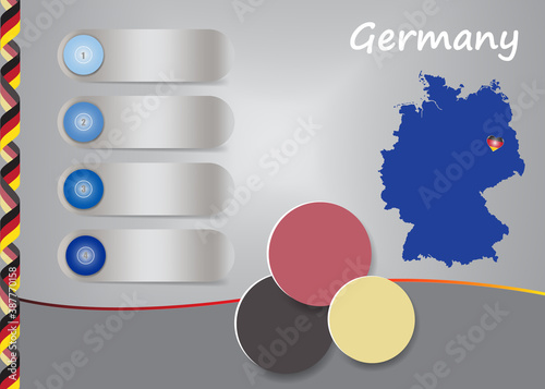 Germany template vector showing blind map of Germany with four blank labels and three circles ready for your text.